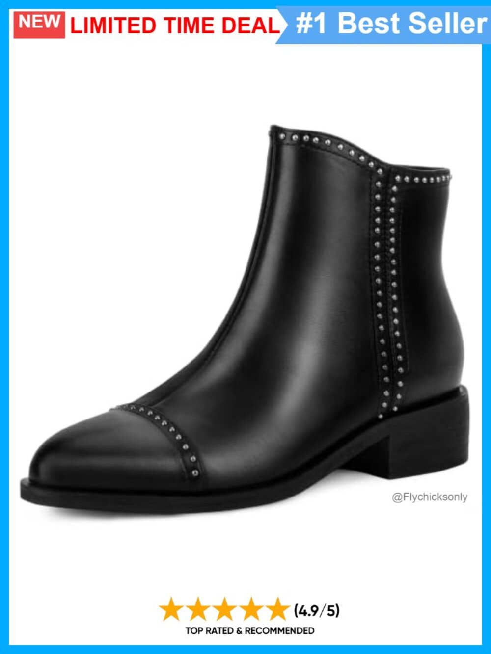 Studded Ankle Boots Chunky Block Heel Almond Toe Side Zip Vegan Leather